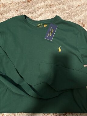 Polo by Ralph Lauren Men’s Dark Green Long Sleeve Crewneck with Yellow Pony